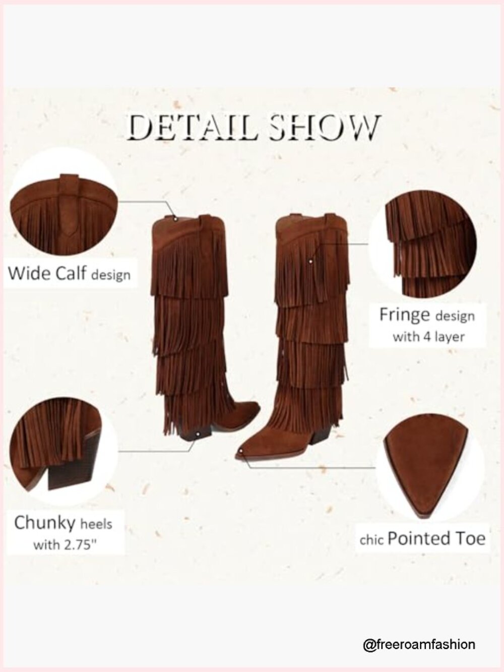 Knee High Fringe Cowboy Boots Chunky Heel Western Pointed Toe Slip On Wide Calf - Picture 5 of 7